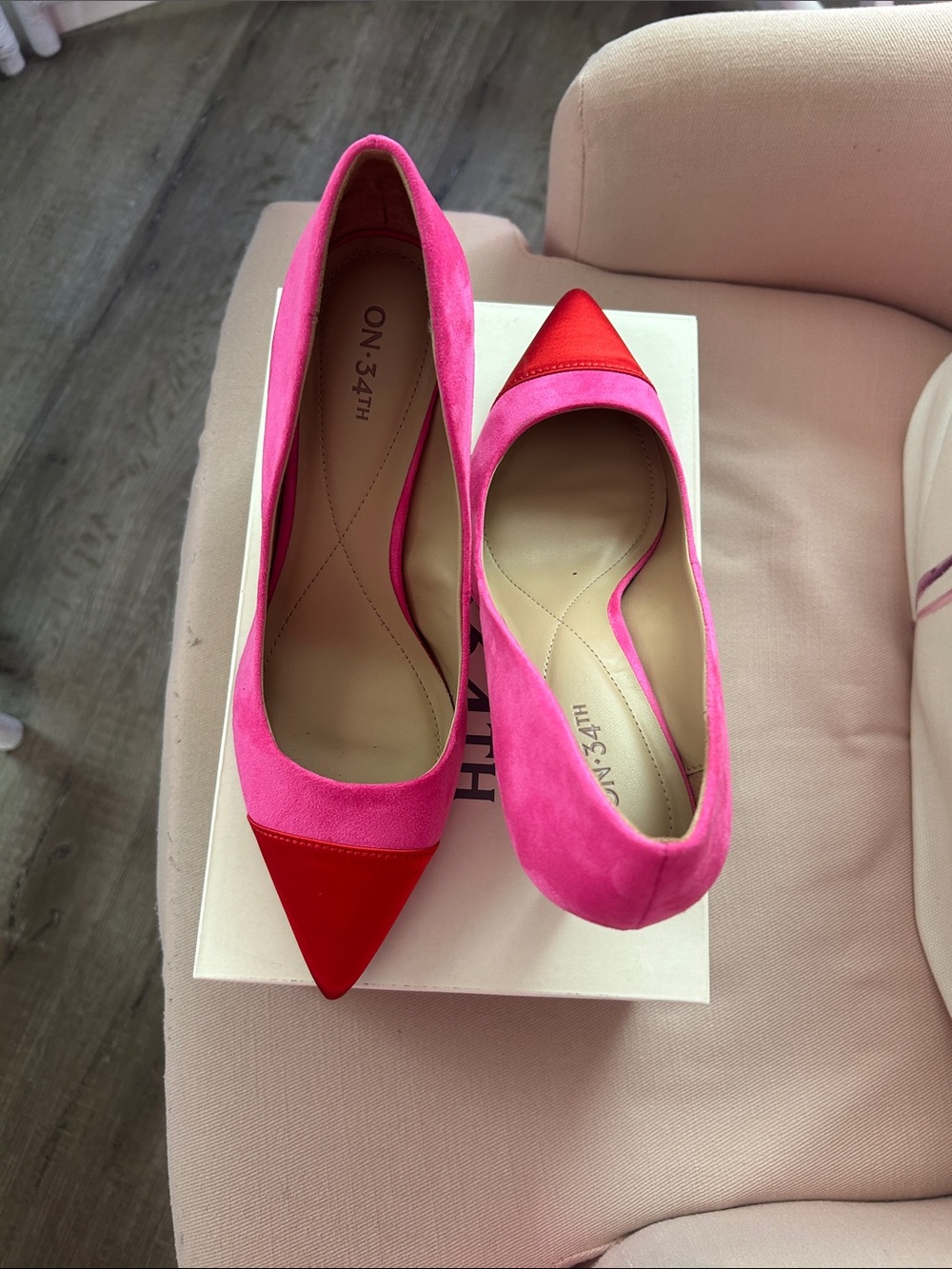 Pink & red suede heel